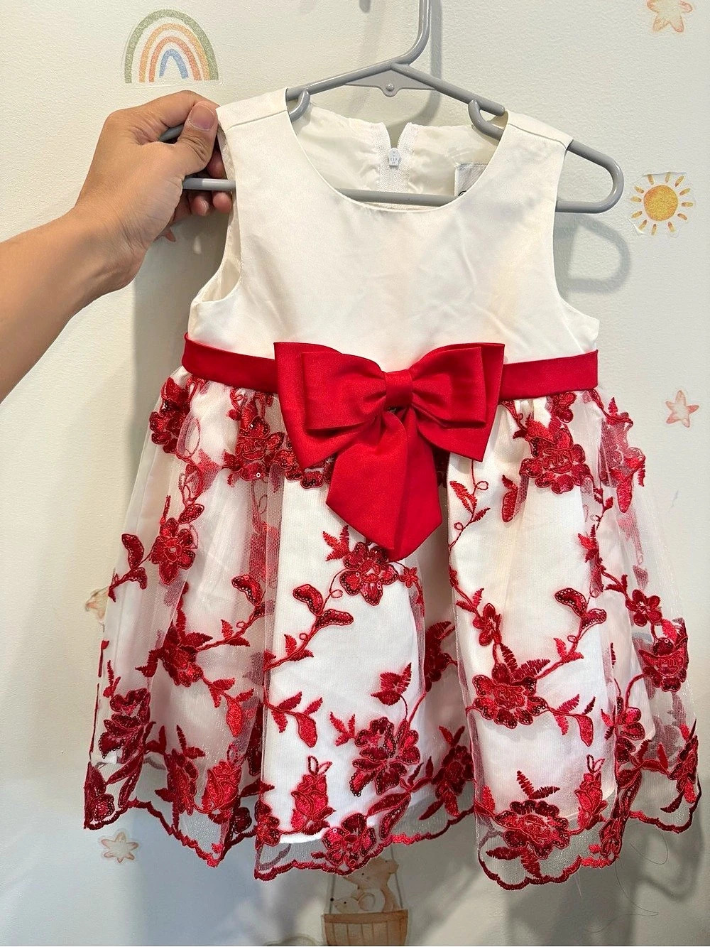 Rare Editions Floral Christmas Dress in White & Red Size 24M Like New